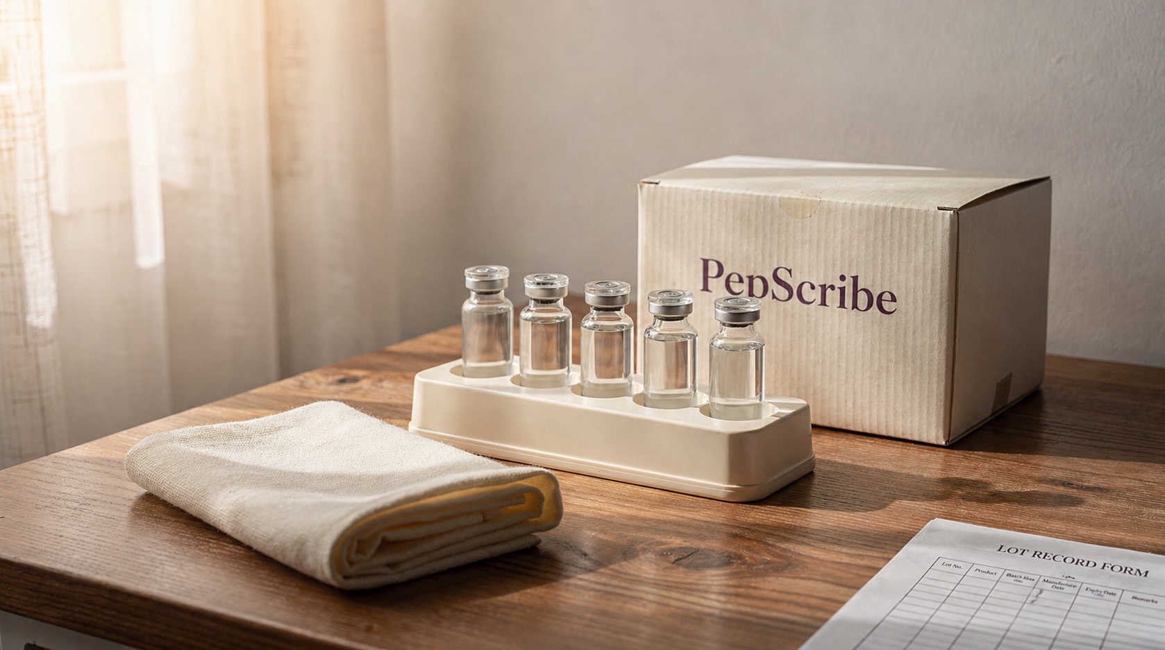 PepScribe carton and compounding vials on a wood table