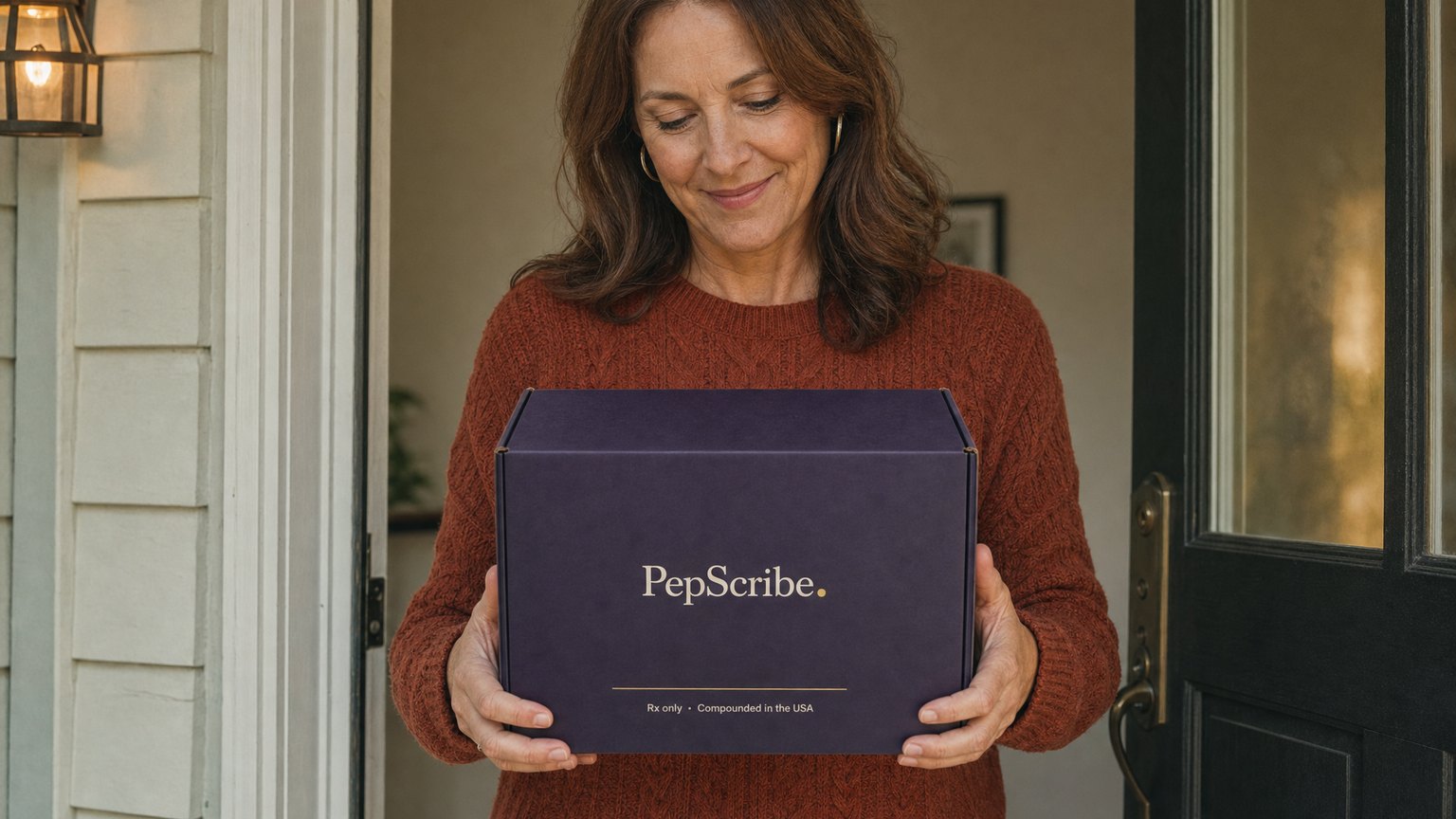 A woman at her front door holding a PepScribe delivery box marked Rx only, compounded in the USA