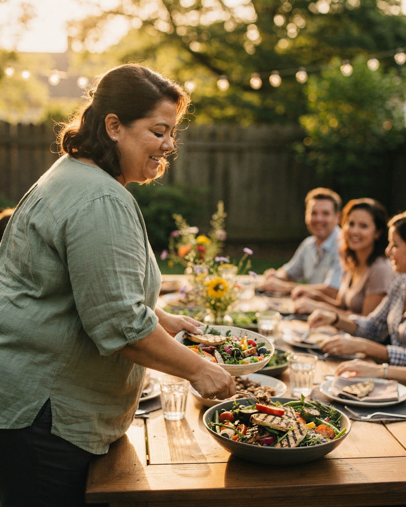 A woman serving dinner at a backyard table of friends at golden hour